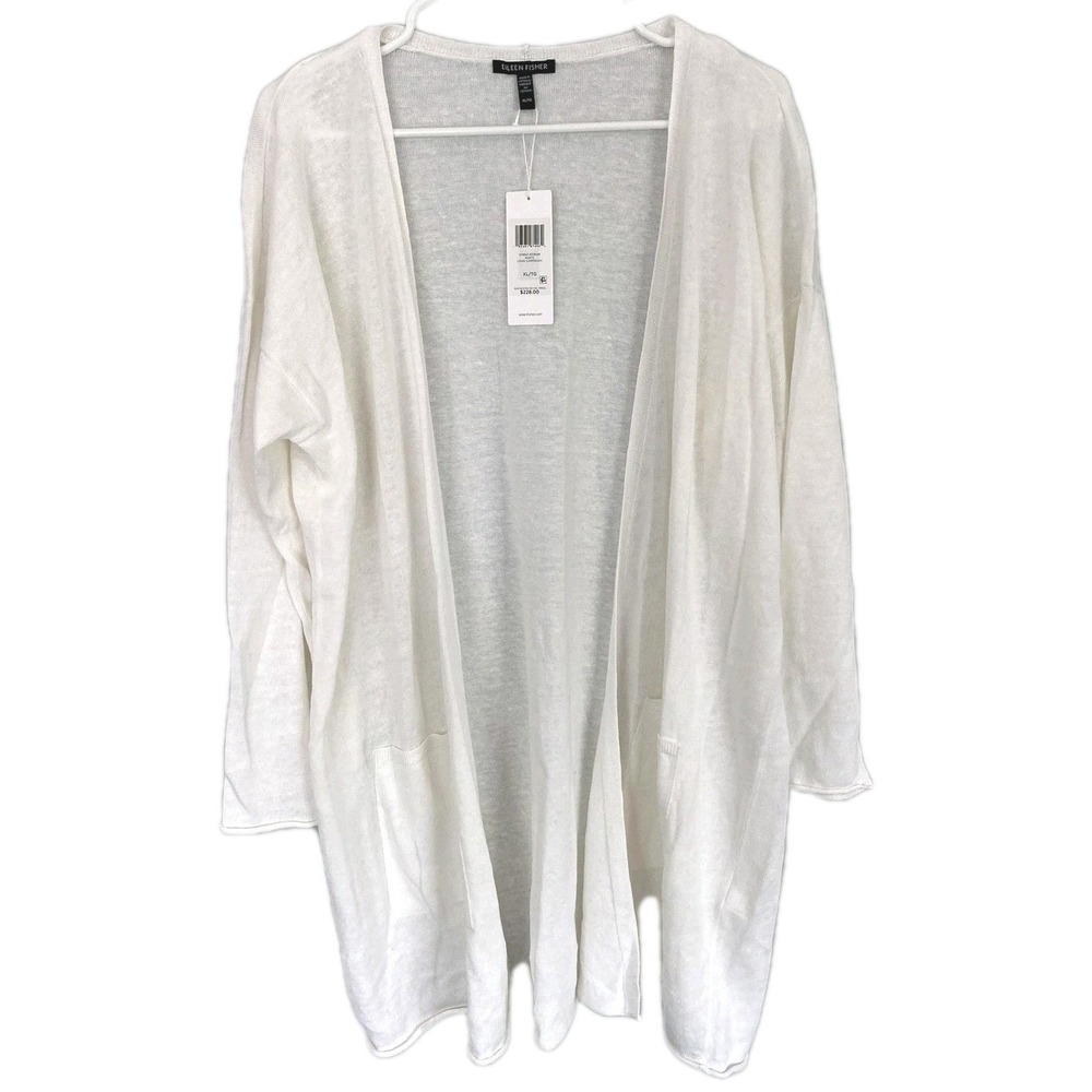 Eileen Fisher Cardigan Sweater Women XL Wht Organic Linen/Cotton Open Pocket NWT